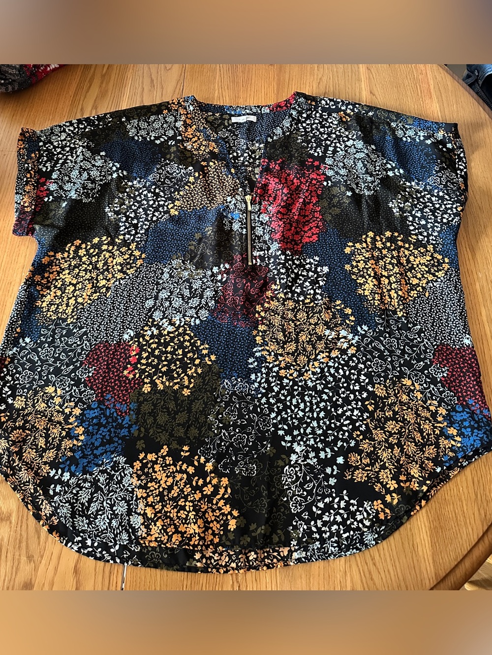 Maurices Black Floral Blouse with Blue Red Gold Accents